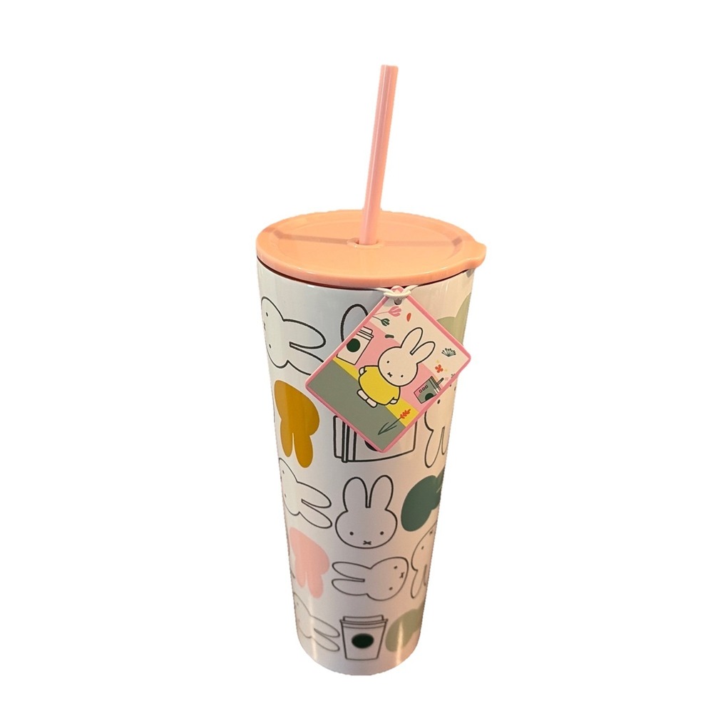 Starbucks x Miffy Collab Pink Straw All Over Bunny Print Metal‎ Venti Cup 26 oz